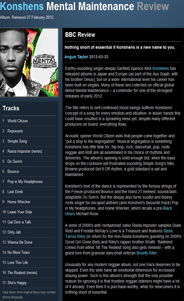 Konshens Mental Maintenance BBC Reviews